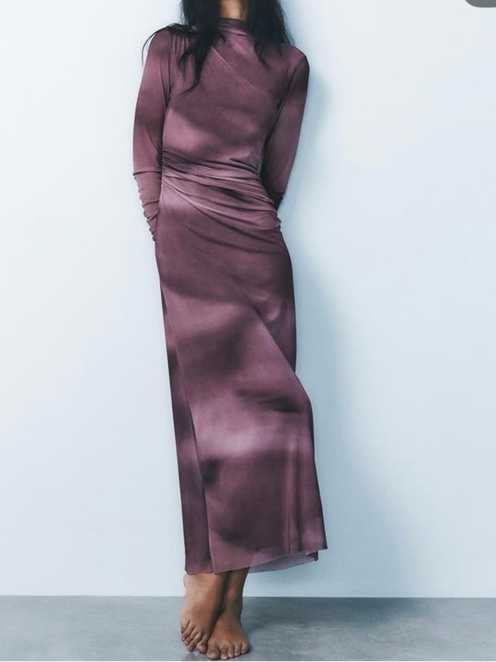 Zara Draped Tulle Mesh Midi Dress in Purple Tie-Dye Print Ruched Size M